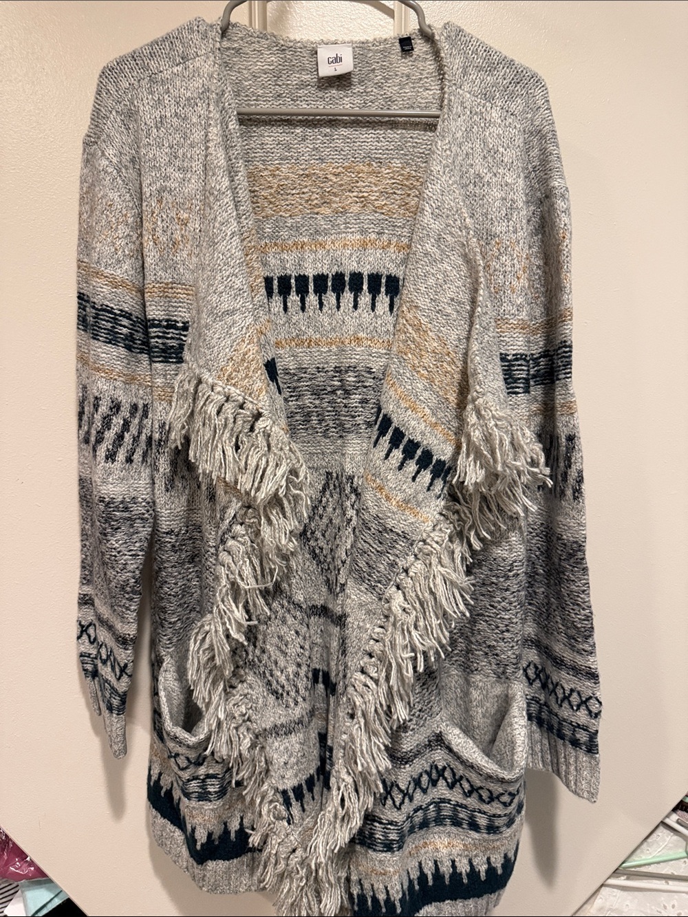 CAbi Cream Gray & Navy Fringe Open-Front Cardigan